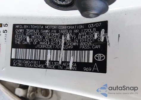 2007 Toyota Corolla Le from USA, damaged, VIN JTDBR32E170132249